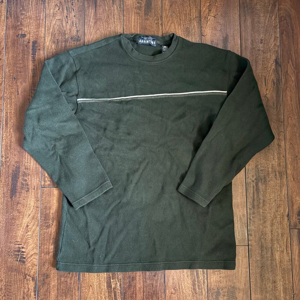 John Ashford Adventure Sweater Mens L Green Stripe Golf 2000s Pullover Crewneck